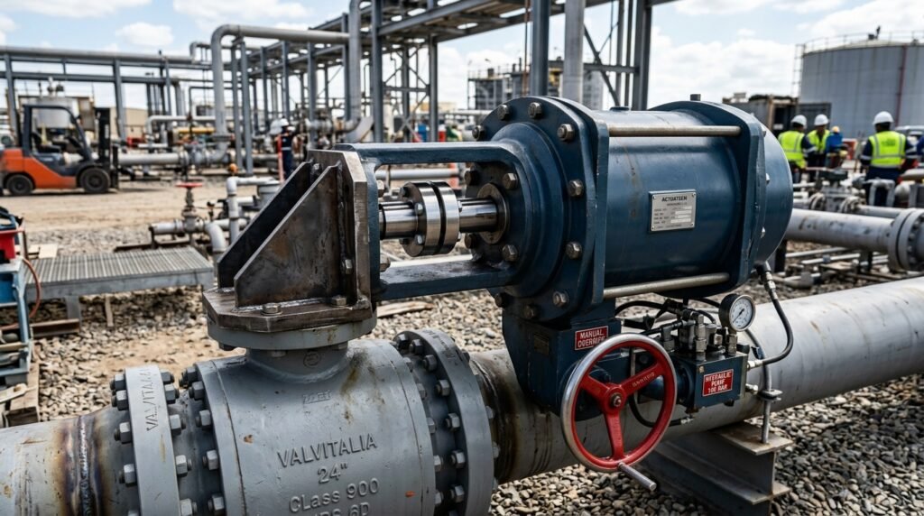 Heavy pneumatic scotch yoke actuator mounted on Class 900 API 6D trunnion ball valve