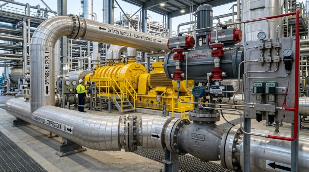 Ultra-fast pneumatic anti-surge recycle valve with dual solenoids installed on centrifugal compressor skid