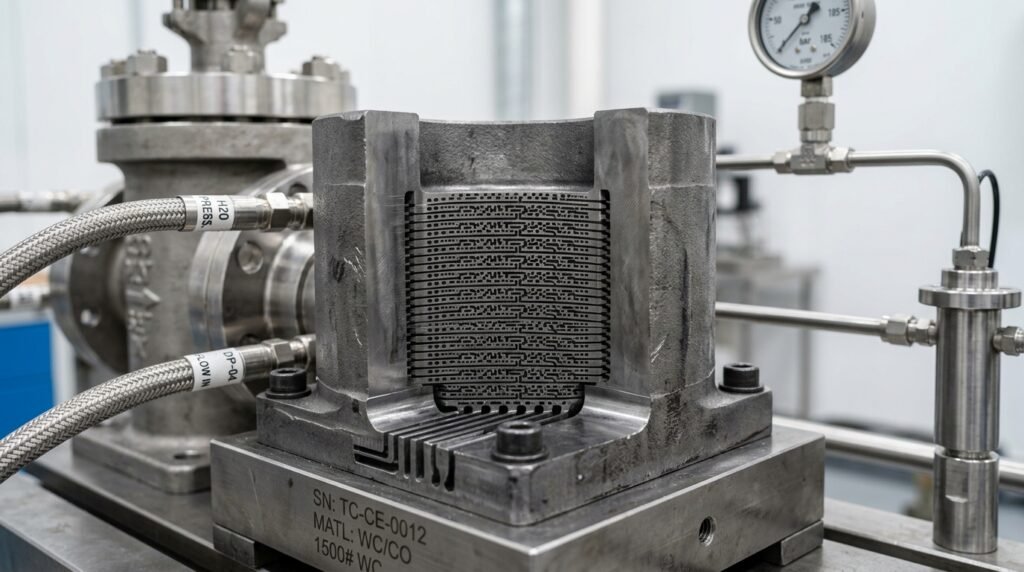Tungsten carbide multi-stage tortuous path disc stack trim cutaway for cavitation elimination