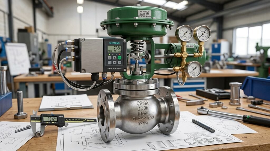 Pneumatic diaphragm globe control valve with smart positioner and calibration gauges on engineering workbench