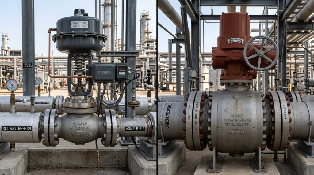 Piping manifold side-by-side comparison of globe control valve and forged steel isolation ball valve
