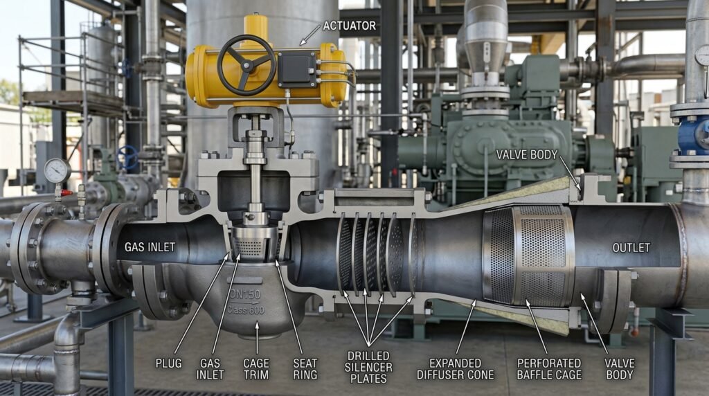 Gas pressure reducing control valve cutaway showing drilled silencer plates and expanded diffuser cone