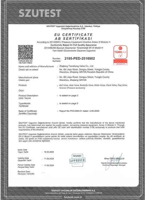 CE PED Notified Body 2195 (SZUTEST) Certificate